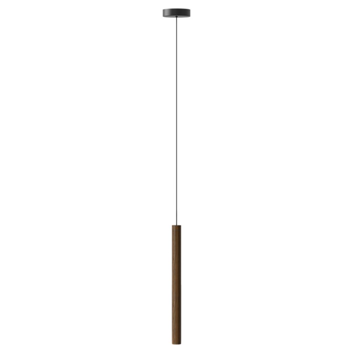 Závesná lampa UMAGE Chimes. Kombinácia svetlého alebo tmavého dreva, čierna s čiernym textilným káblom (tmavý dub)