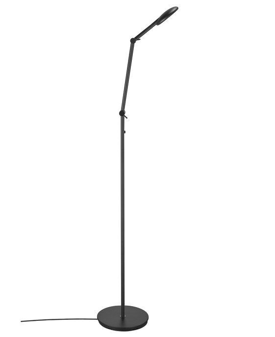 Stojacia lampa Bend od Norluxu s nastaviteľnou hlavou aj ramenom, plynule stmievateľná dotykom, dva varianty – s jedným alebo dvoma tienidlami, v čiernej farbe