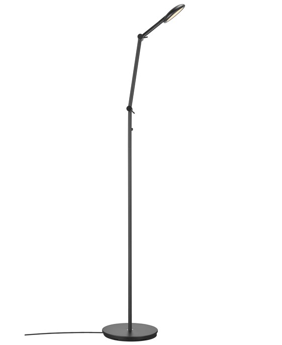 Stojacia lampa Bend od Norluxu s nastaviteľnou hlavou aj ramenom, plynule stmievateľná dotykom, dva varianty – s jedným alebo dvoma tienidlami, v čiernej farbe