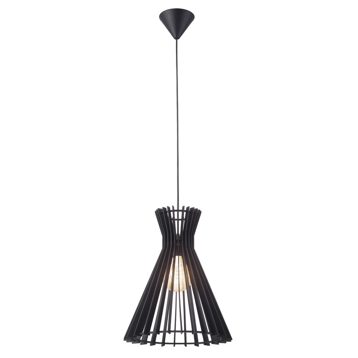 Originálna lamelová závesná lampa Nordlux Groa 34 z drevených lamiel, v prírodnej hnedej alebo miešanej čiernej farbe. Vyberte si ideálnu dizajnovú žiarovku na zvýraznenie dojmu. (čierna (rozbalené))