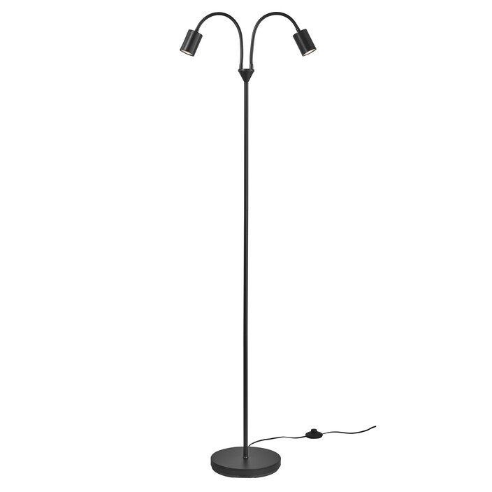 Minimalistická stojacia lampička Nordlux Explore s dvoma tienidlami na flexibilných ramenách. (čierna)